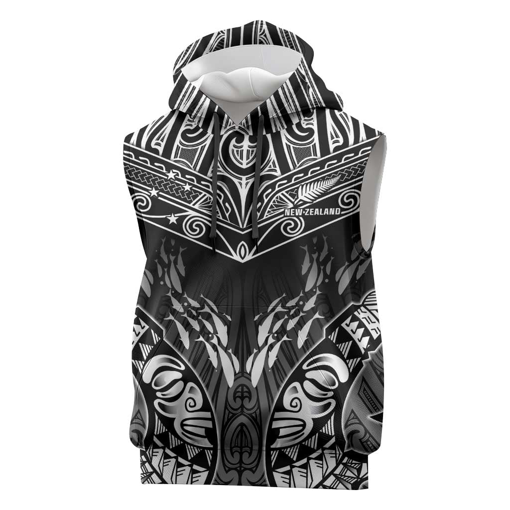 Custom New Zealand Fishing Sleeveless Hoodie Aotearoa Maori Koru LT05 Black - Polynesian Pride
