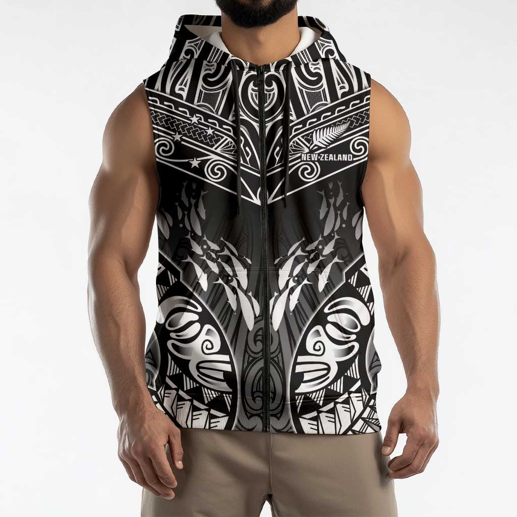 Custom New Zealand Fishing Sleeveless Zip Hoodie Aotearoa Maori Koru - Polynesian Pride