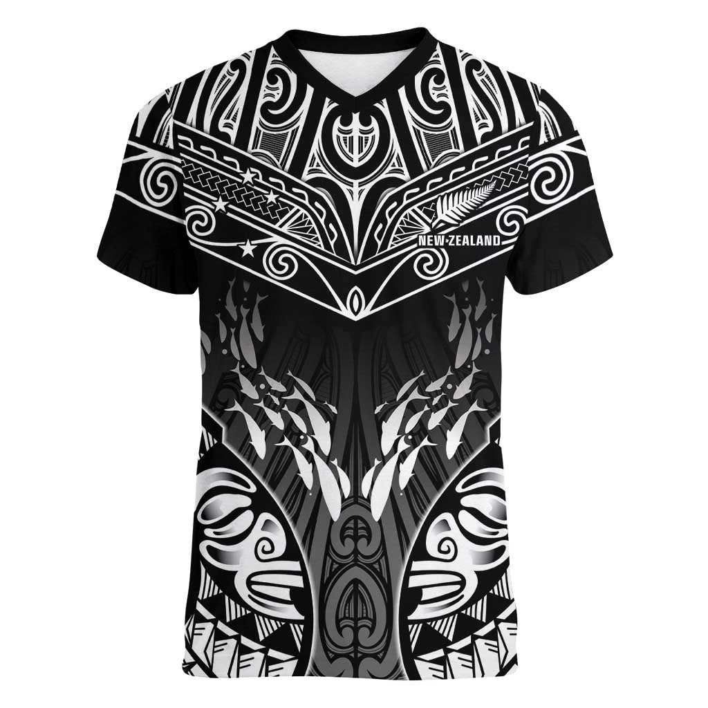Custom New Zealand Fishing Women V-Neck T-Shirt Aotearoa Maori Koru - Polynesian Pride