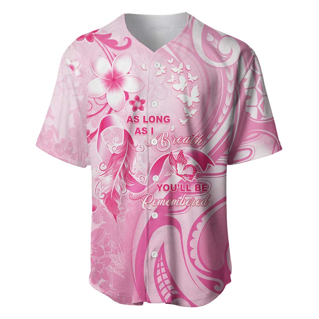 Personalised Memorial Pink Breast Cancer Awareness Baseball Jersey Plumeria Floral Tribal Pattern - Polynesian Pride