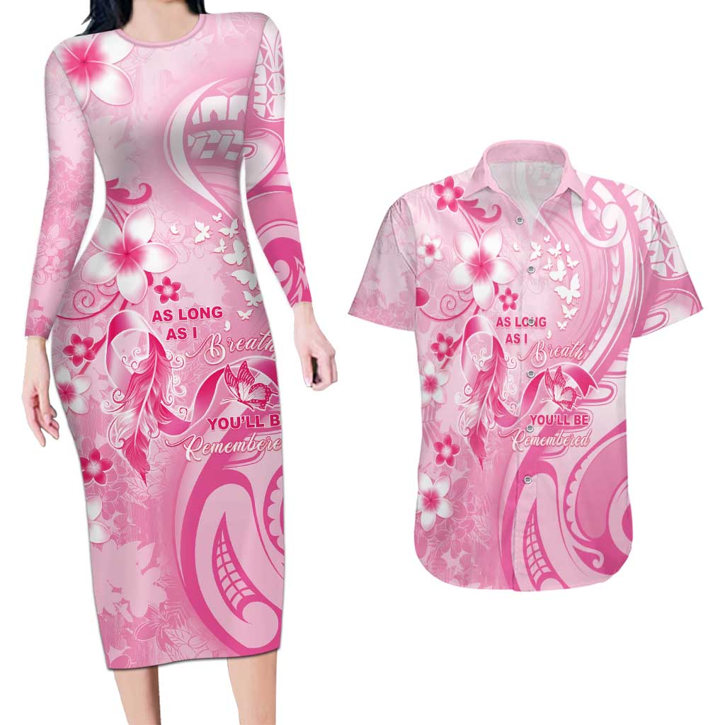 Personalised Memorial Pink Breast Cancer Awareness Couples Matching Long Sleeve Bodycon Dress and Hawaiian Shirt Plumeria Floral Tribal Pattern - Polynesian Pride
