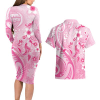 Personalised Memorial Pink Breast Cancer Awareness Couples Matching Long Sleeve Bodycon Dress and Hawaiian Shirt Plumeria Floral Tribal Pattern - Polynesian Pride
