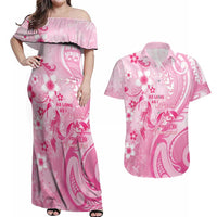Personalised Memorial Pink Breast Cancer Awareness Couples Matching Off Shoulder Maxi Dress and Hawaiian Shirt Plumeria Floral Tribal Pattern - Polynesian Pride