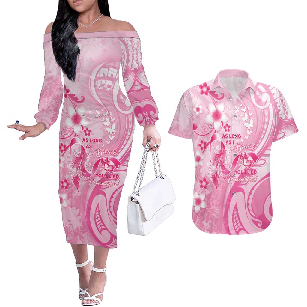Personalised Memorial Pink Breast Cancer Awareness Couples Matching Off The Shoulder Long Sleeve Dress and Hawaiian Shirt Plumeria Floral Tribal Pattern - Polynesian Pride