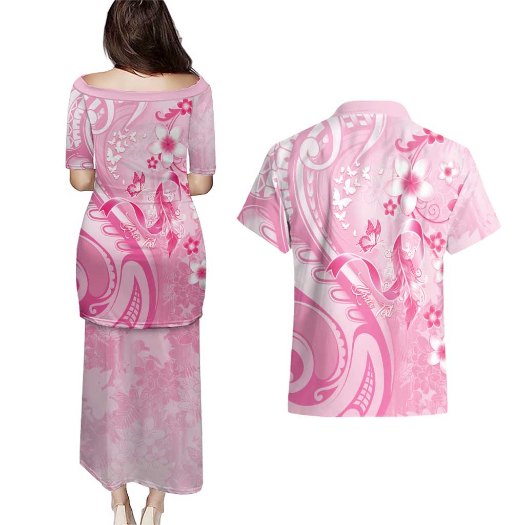 Personalised Memorial Pink Breast Cancer Awareness Couples Matching Puletasi and Hawaiian Shirt Plumeria Floral Tribal Pattern - Polynesian Pride