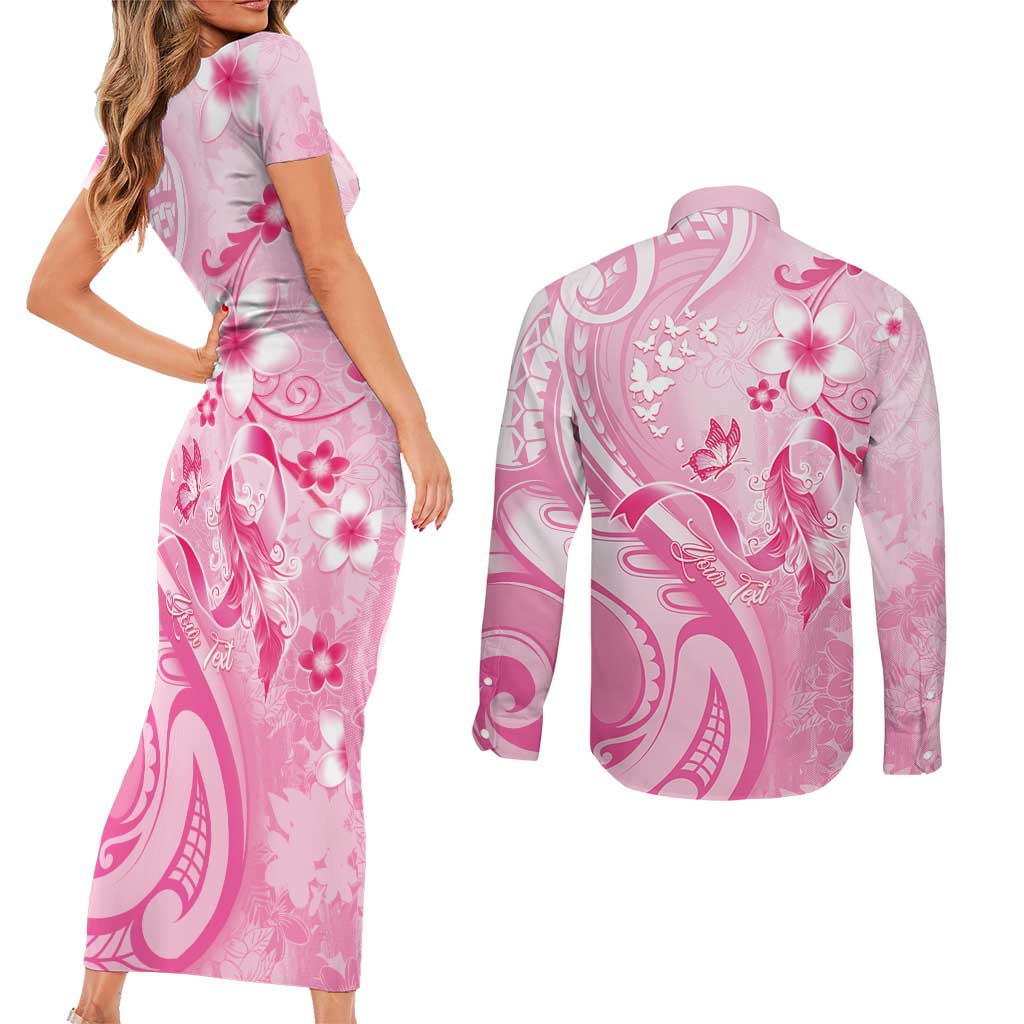 Personalised Memorial Pink Breast Cancer Awareness Couples Matching Short Sleeve Bodycon Dress and Long Sleeve Button Shirt Plumeria Floral Tribal Pattern - Polynesian Pride