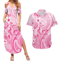 Personalised Memorial Pink Breast Cancer Awareness Couples Matching Summer Maxi Dress and Hawaiian Shirt Plumeria Floral Tribal Pattern LT05 Pink - Polynesian Pride