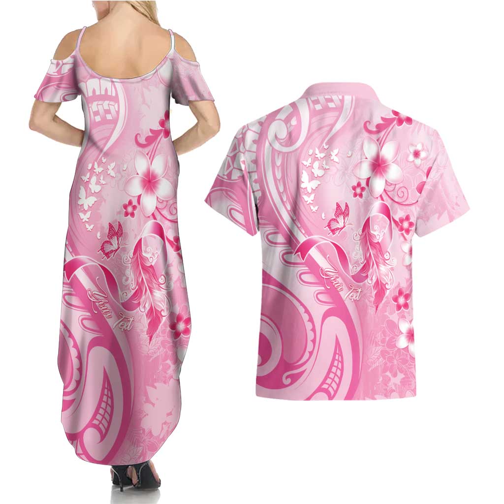 Personalised Memorial Pink Breast Cancer Awareness Couples Matching Summer Maxi Dress and Hawaiian Shirt Plumeria Floral Tribal Pattern LT05 - Polynesian Pride