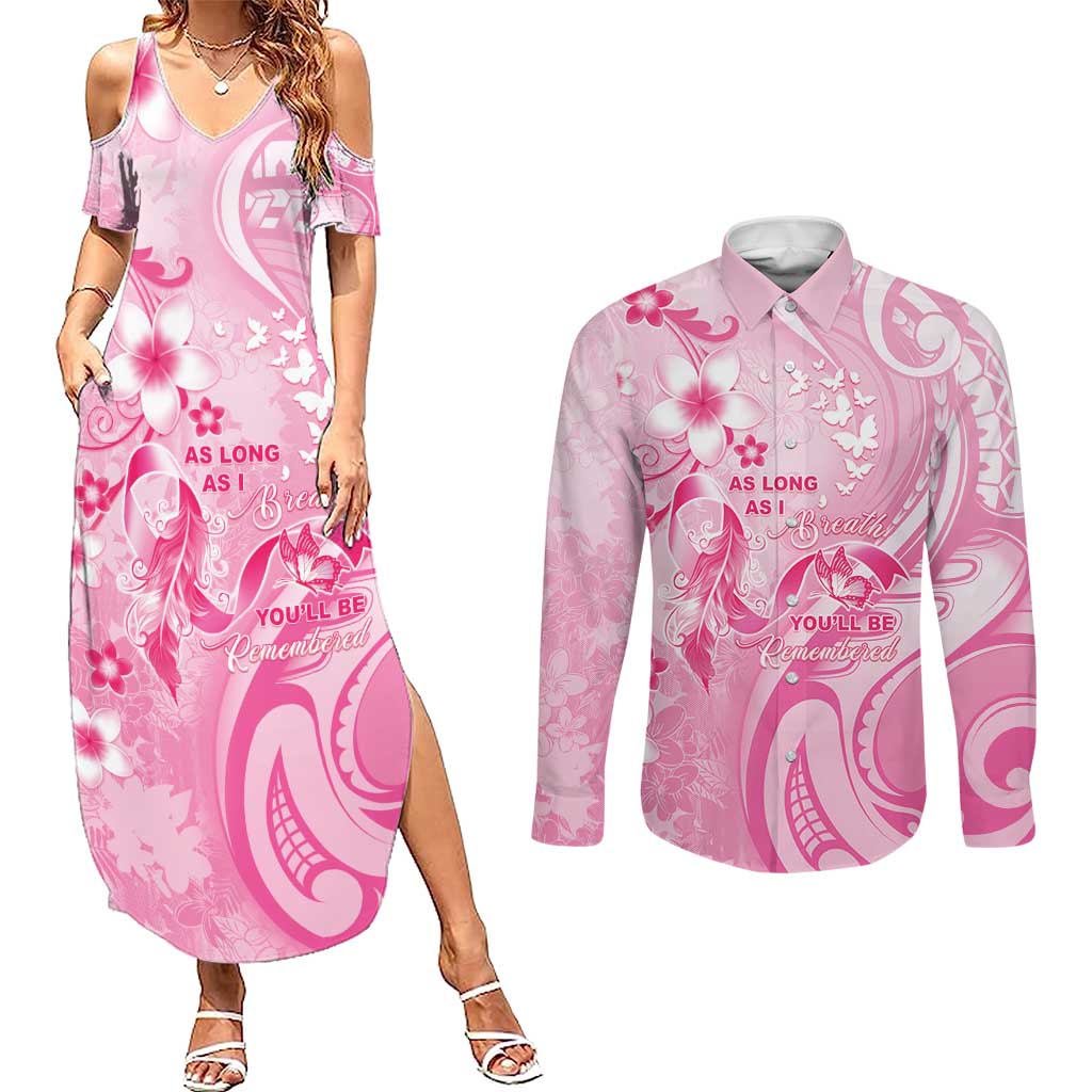 Personalised Memorial Pink Breast Cancer Awareness Couples Matching Summer Maxi Dress and Long Sleeve Button Shirt Plumeria Floral Tribal Pattern - Polynesian Pride