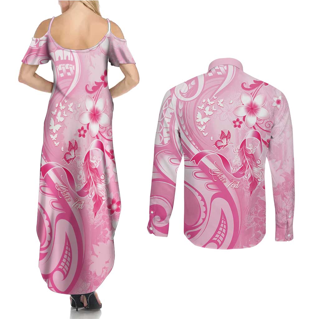 Personalised Memorial Pink Breast Cancer Awareness Couples Matching Summer Maxi Dress and Long Sleeve Button Shirt Plumeria Floral Tribal Pattern - Polynesian Pride
