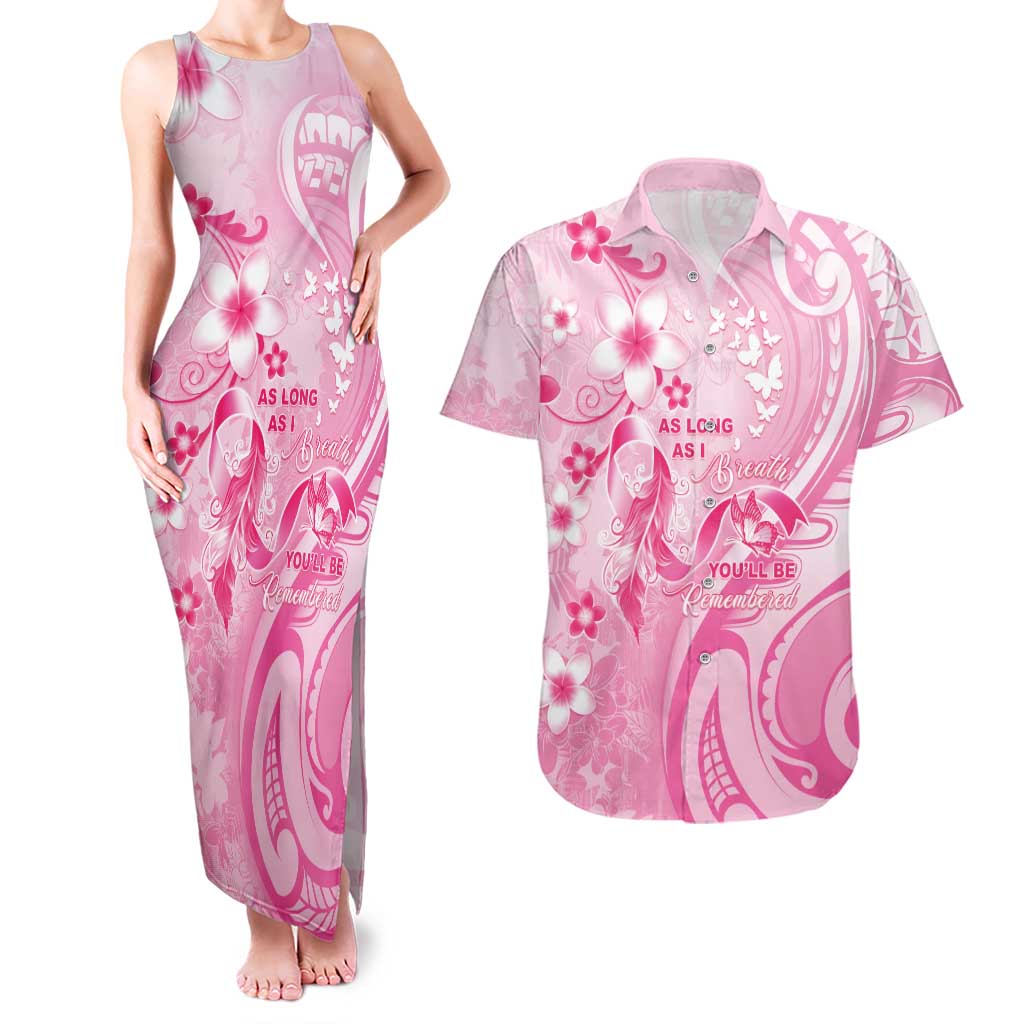 Personalised Memorial Pink Breast Cancer Awareness Couples Matching Tank Maxi Dress and Hawaiian Shirt Plumeria Floral Tribal Pattern - Polynesian Pride
