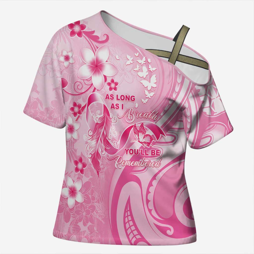 Personalised Memorial Pink Breast Cancer Awareness Cross Shoulder Shirt Plumeria Floral Tribal Pattern - Polynesian Pride