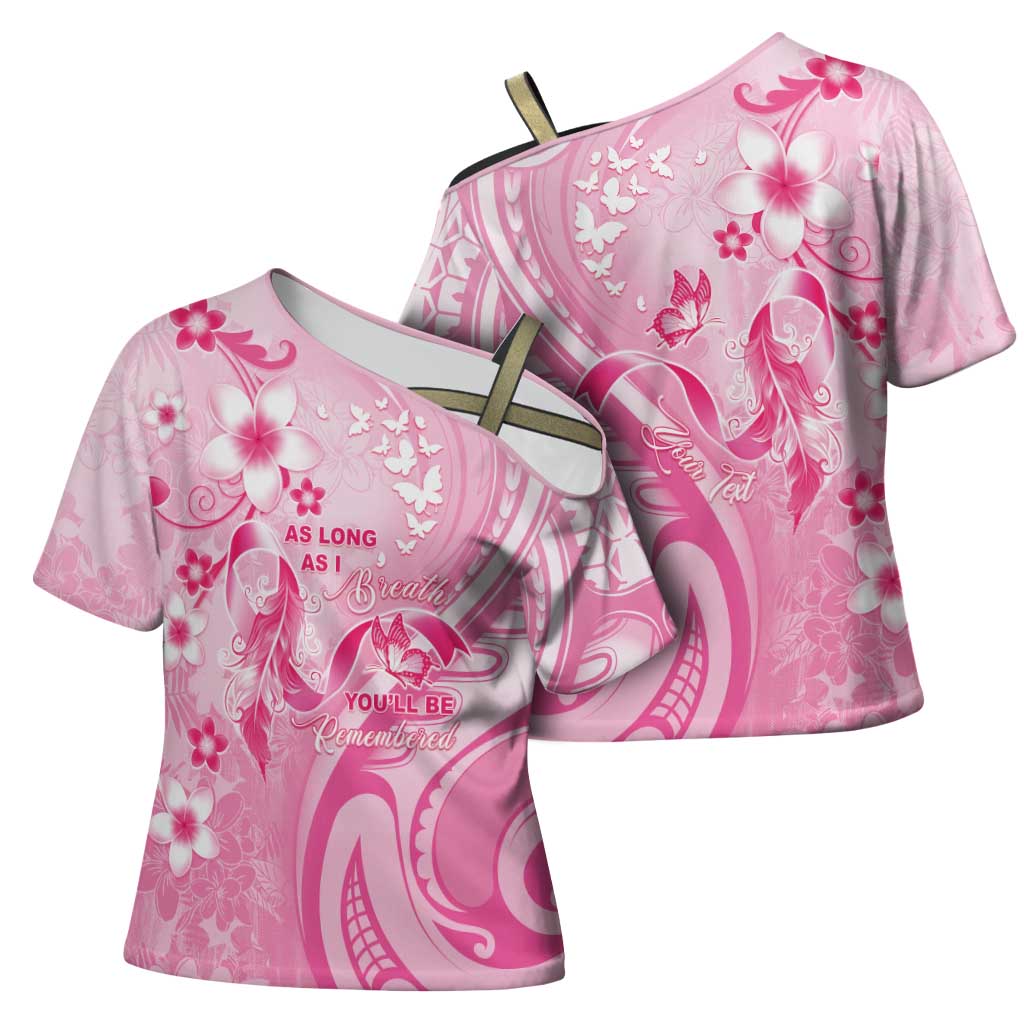 Personalised Memorial Pink Breast Cancer Awareness Cross Shoulder Shirt Plumeria Floral Tribal Pattern - Polynesian Pride