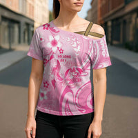 Personalised Memorial Pink Breast Cancer Awareness Cross Shoulder Shirt Plumeria Floral Tribal Pattern - Polynesian Pride