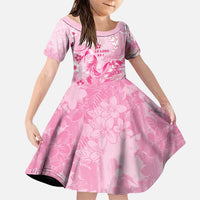 Personalised Memorial Pink Breast Cancer Awareness Family Matching Long Sleeve Bodycon Dress and Hawaiian Shirt Plumeria Floral Tribal Pattern LT05 Daughter's Dress Pink - Polynesian Pride