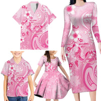 Personalised Memorial Pink Breast Cancer Awareness Family Matching Long Sleeve Bodycon Dress and Hawaiian Shirt Plumeria Floral Tribal Pattern LT05 - Polynesian Pride