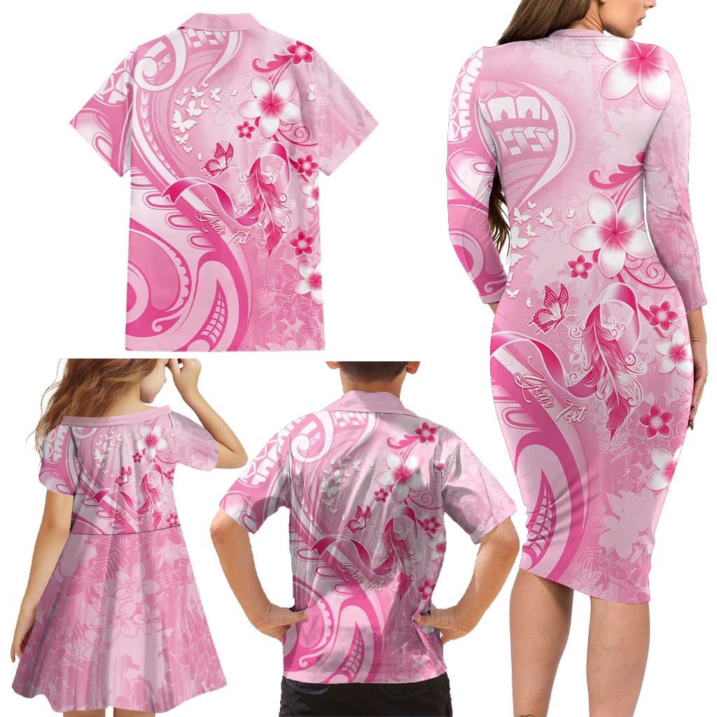 Personalised Memorial Pink Breast Cancer Awareness Family Matching Long Sleeve Bodycon Dress and Hawaiian Shirt Plumeria Floral Tribal Pattern LT05 - Polynesian Pride