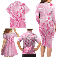 Personalised Memorial Pink Breast Cancer Awareness Family Matching Long Sleeve Bodycon Dress and Hawaiian Shirt Plumeria Floral Tribal Pattern LT05 - Polynesian Pride