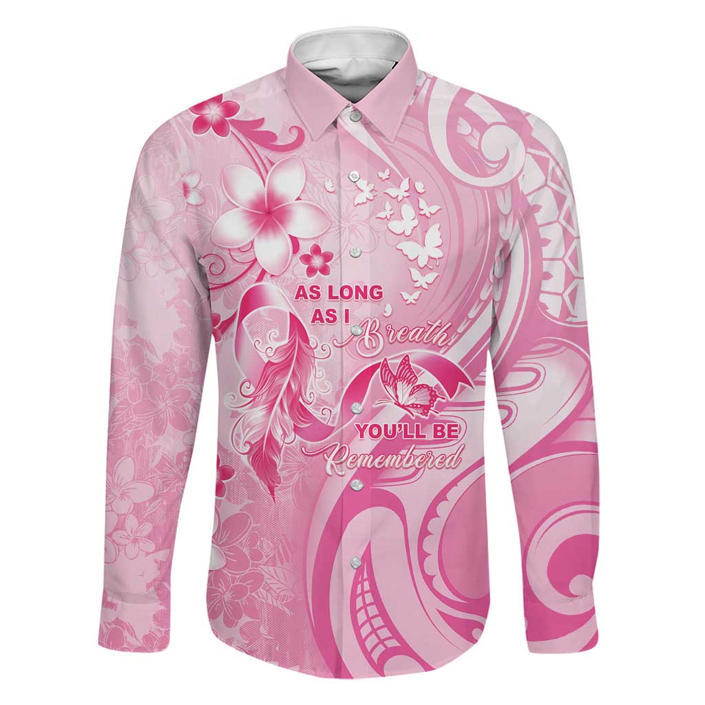 Personalised Memorial Pink Breast Cancer Awareness Family Matching Long Sleeve Bodycon Dress and Hawaiian Shirt Plumeria Floral Tribal Pattern LT05 Dad's Shirt - Long Sleeve Pink - Polynesian Pride
