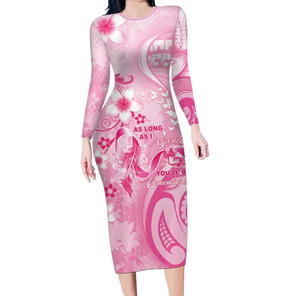 Personalised Memorial Pink Breast Cancer Awareness Family Matching Long Sleeve Bodycon Dress and Hawaiian Shirt Plumeria Floral Tribal Pattern LT05 Mom's Dress Pink - Polynesian Pride