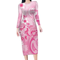 Personalised Memorial Pink Breast Cancer Awareness Family Matching Long Sleeve Bodycon Dress and Hawaiian Shirt Plumeria Floral Tribal Pattern LT05 Mom's Dress Pink - Polynesian Pride