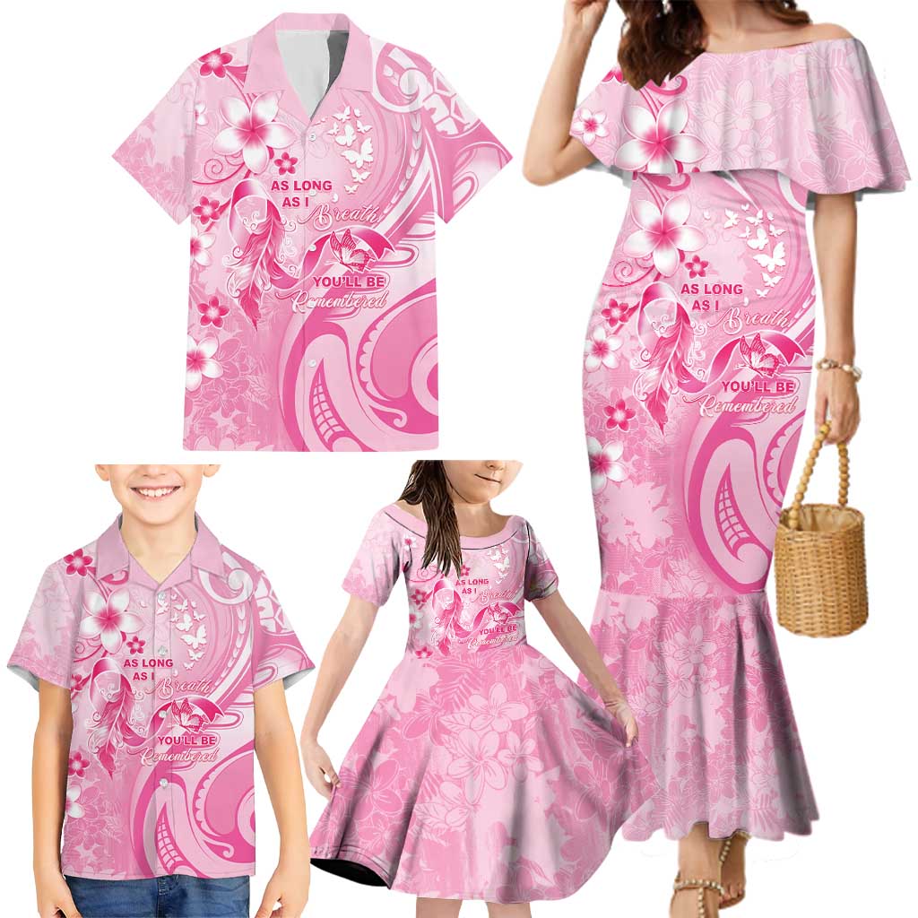 Personalised Memorial Pink Breast Cancer Awareness Family Matching Mermaid Dress and Hawaiian Shirt Plumeria Floral Tribal Pattern LT05 - Polynesian Pride