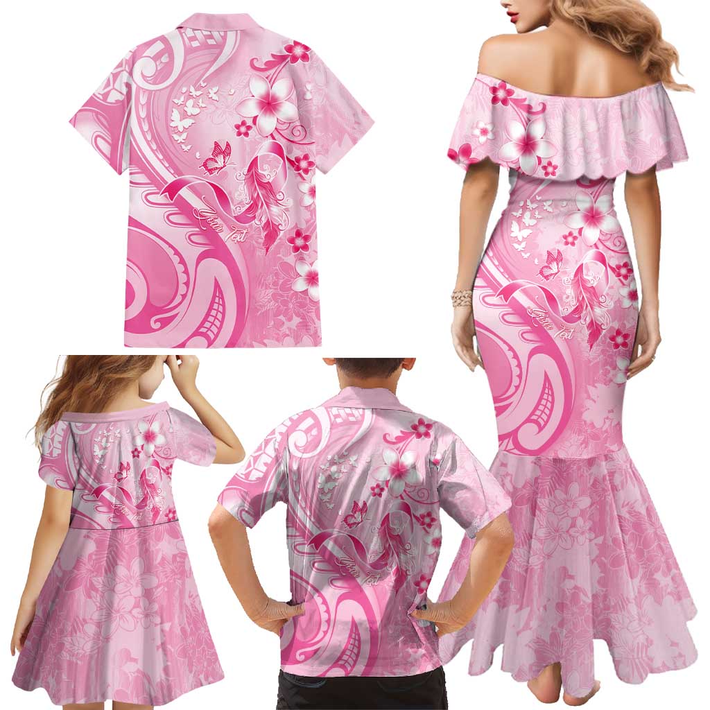 Personalised Memorial Pink Breast Cancer Awareness Family Matching Mermaid Dress and Hawaiian Shirt Plumeria Floral Tribal Pattern LT05 - Polynesian Pride