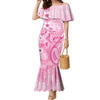 Personalised Memorial Pink Breast Cancer Awareness Family Matching Mermaid Dress and Hawaiian Shirt Plumeria Floral Tribal Pattern LT05 Mom's Dress Pink - Polynesian Pride