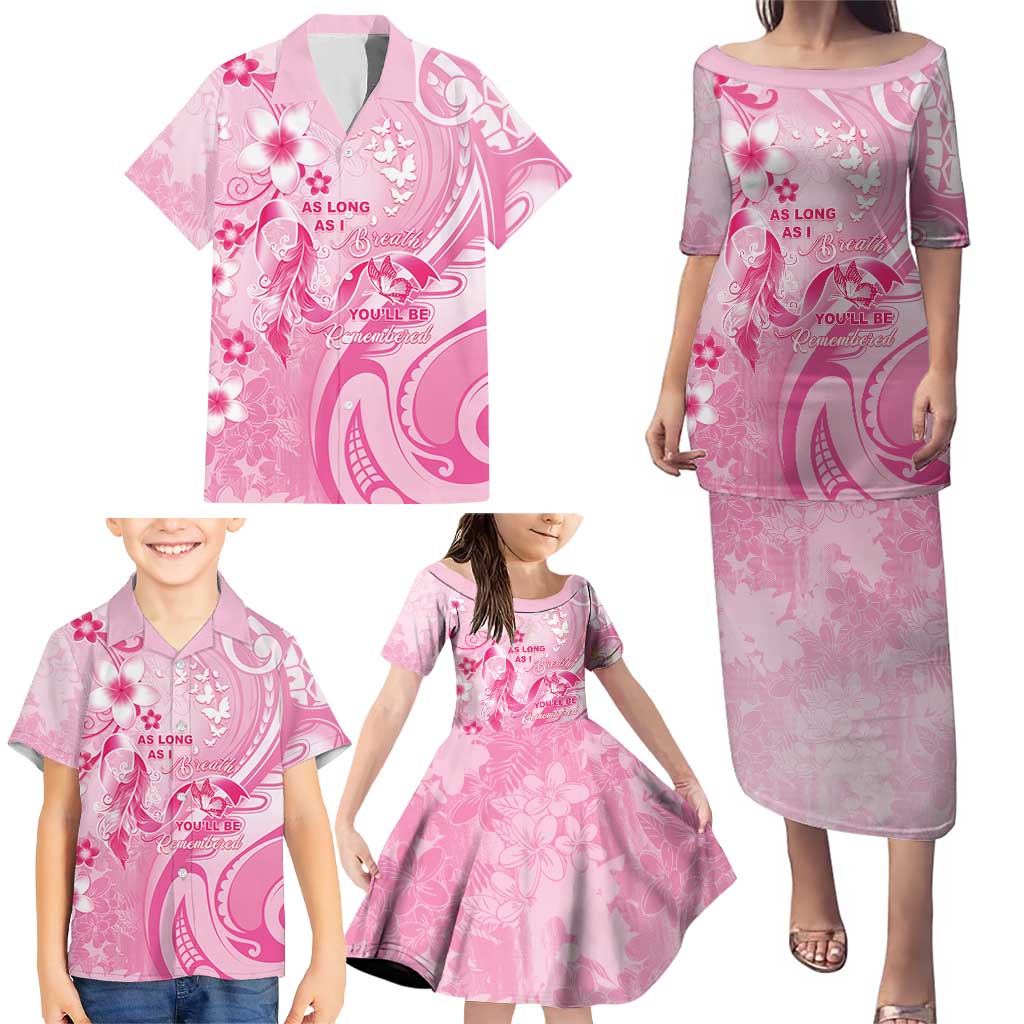 Personalised Memorial Pink Breast Cancer Awareness Family Matching Puletasi and Hawaiian Shirt Plumeria Floral Tribal Pattern - Polynesian Pride
