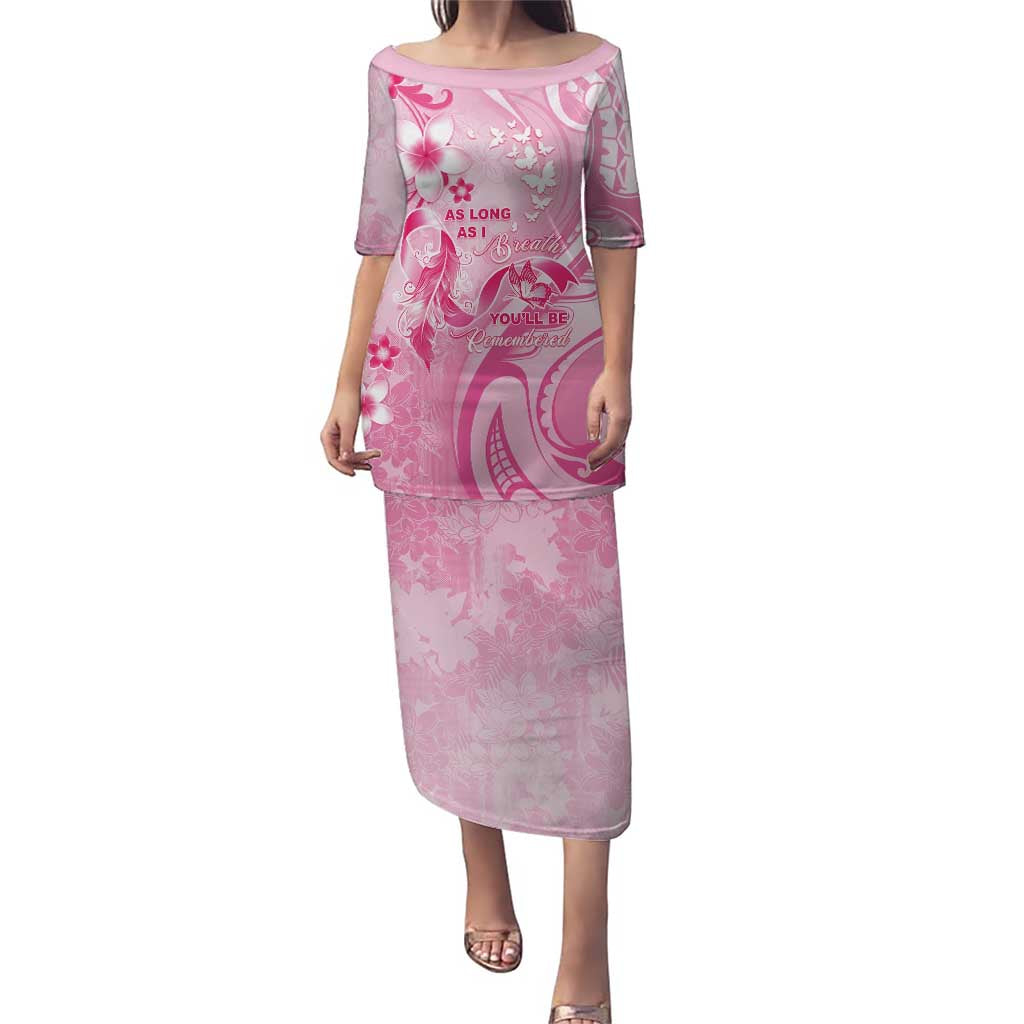 Personalised Memorial Pink Breast Cancer Awareness Family Matching Puletasi and Hawaiian Shirt Plumeria Floral Tribal Pattern - Polynesian Pride