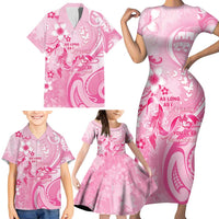 Personalised Memorial Pink Breast Cancer Awareness Family Matching Short Sleeve Bodycon Dress and Hawaiian Shirt Plumeria Floral Tribal Pattern LT05 - Polynesian Pride