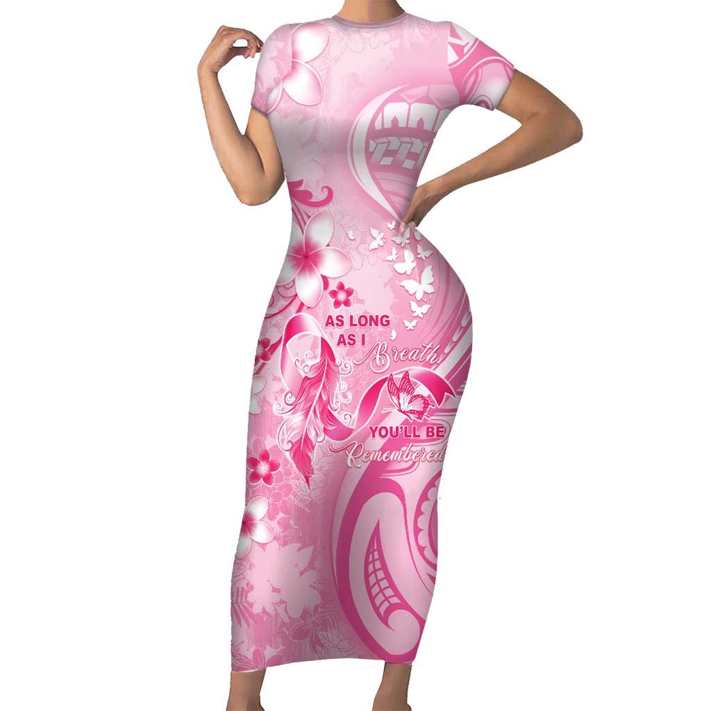Personalised Memorial Pink Breast Cancer Awareness Family Matching Short Sleeve Bodycon Dress and Hawaiian Shirt Plumeria Floral Tribal Pattern LT05 Mom's Dress Pink - Polynesian Pride