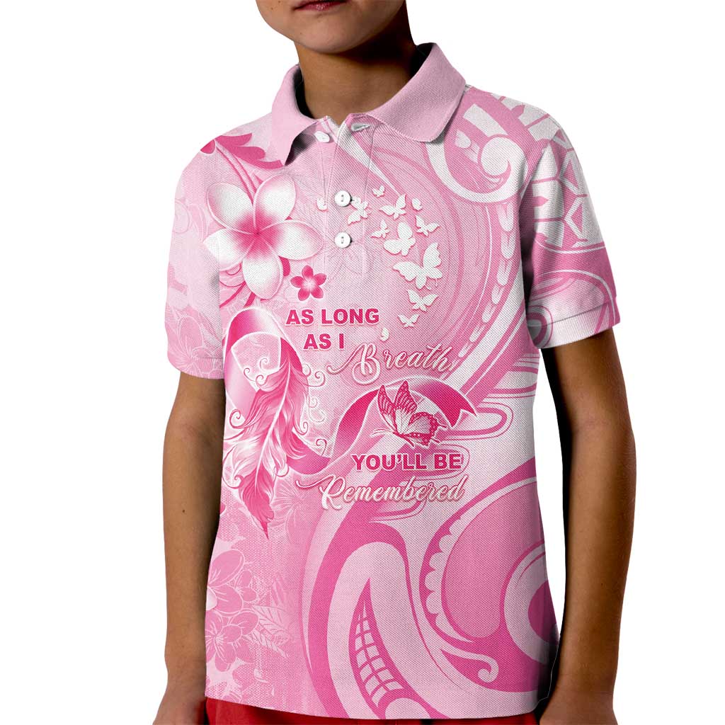 Personalised Memorial Pink Breast Cancer Awareness Kid Polo Shirt Plumeria Floral Tribal Pattern - Polynesian Pride