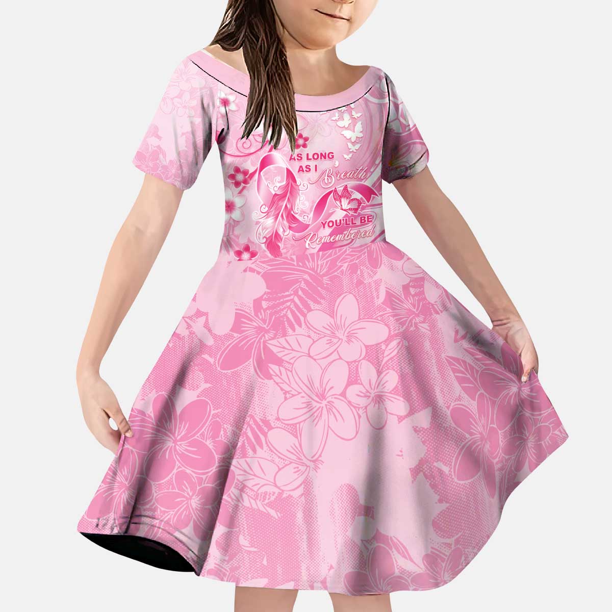 Personalised Memorial Pink Breast Cancer Awareness Kid Short Sleeve Dress Plumeria Floral Tribal Pattern - Polynesian Pride