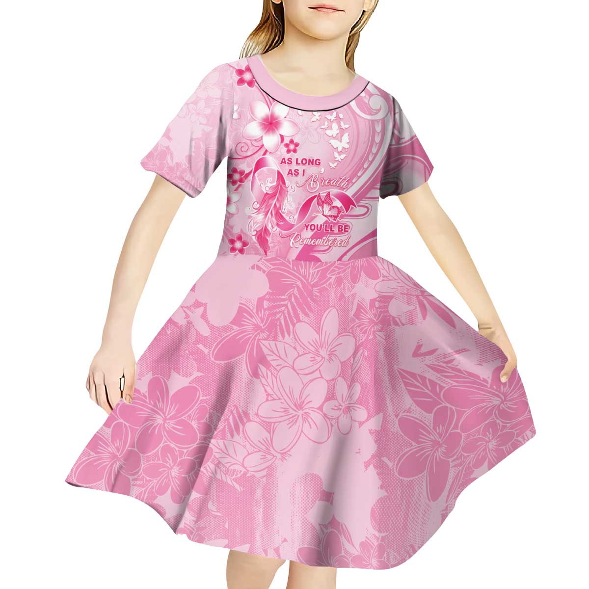 Personalised Memorial Pink Breast Cancer Awareness Kid Short Sleeve Dress Plumeria Floral Tribal Pattern - Polynesian Pride