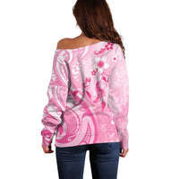Personalised Memorial Pink Breast Cancer Awareness Off Shoulder Sweater Plumeria Floral Tribal Pattern LT05 - Polynesian Pride