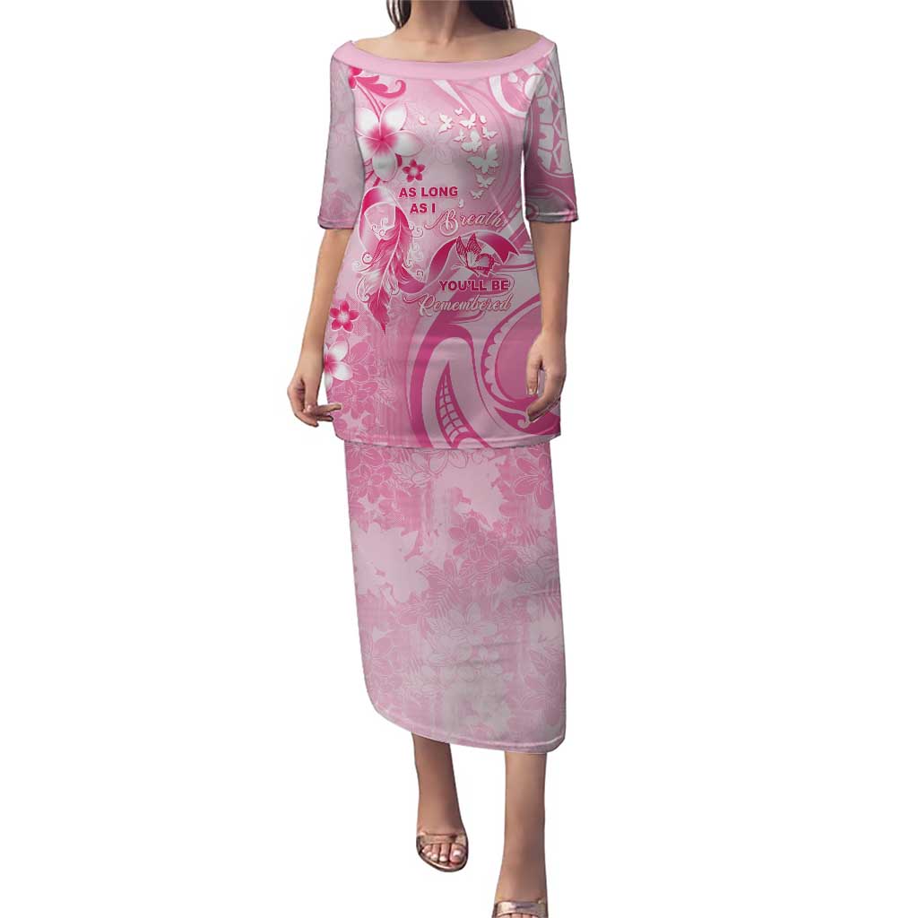 Personalised Memorial Pink Breast Cancer Awareness Puletasi Plumeria Floral Tribal Pattern LT05 Long Dress Pink - Polynesian Pride