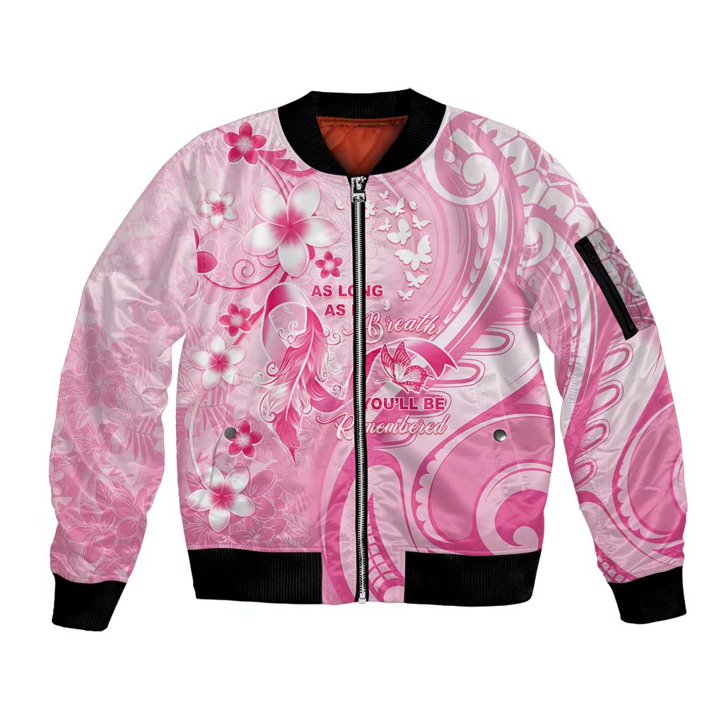 Personalised Memorial Pink Breast Cancer Awareness Sleeve Zip Bomber Jacket Plumeria Floral Tribal Pattern LT05 Unisex Pink - Polynesian Pride