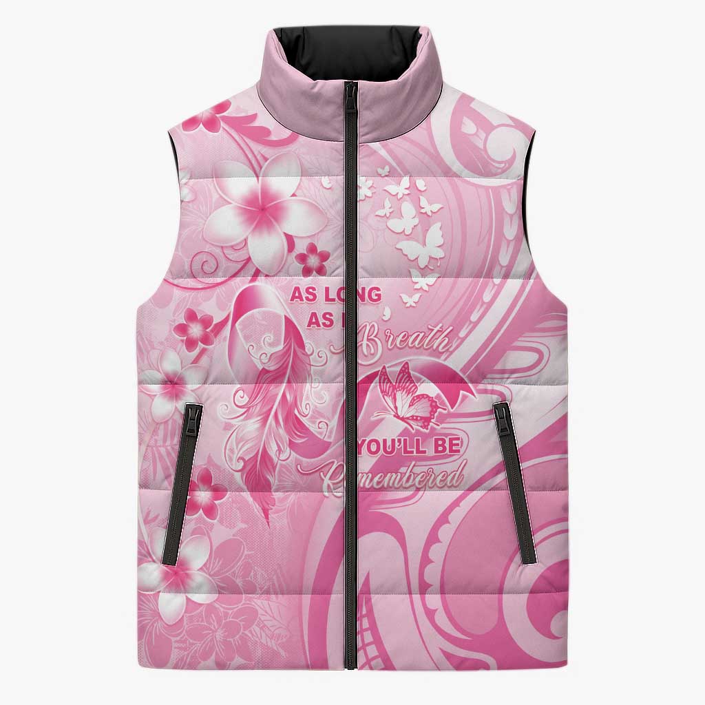Personalised Memorial Pink Breast Cancer Awareness Sleeveless Puffer Jacket Plumeria Floral Tribal Pattern LT05 Unisex Pink - Polynesian Pride