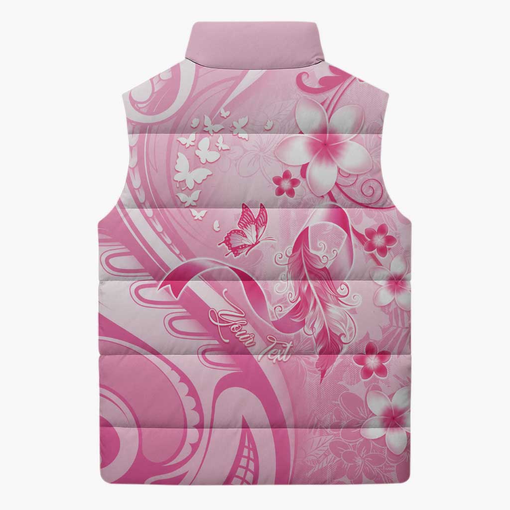 Personalised Memorial Pink Breast Cancer Awareness Sleeveless Puffer Jacket Plumeria Floral Tribal Pattern LT05 - Polynesian Pride