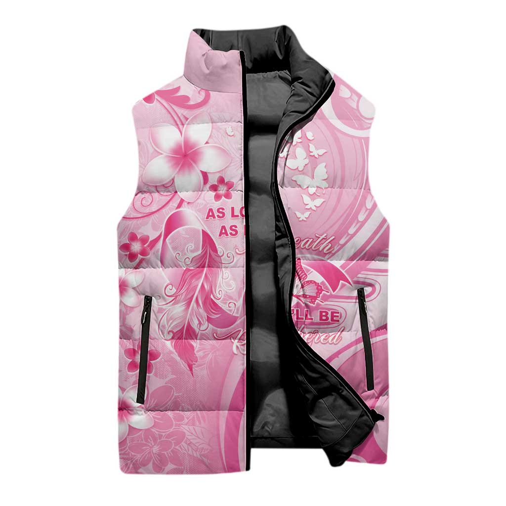 Personalised Memorial Pink Breast Cancer Awareness Sleeveless Puffer Jacket Plumeria Floral Tribal Pattern LT05 - Polynesian Pride