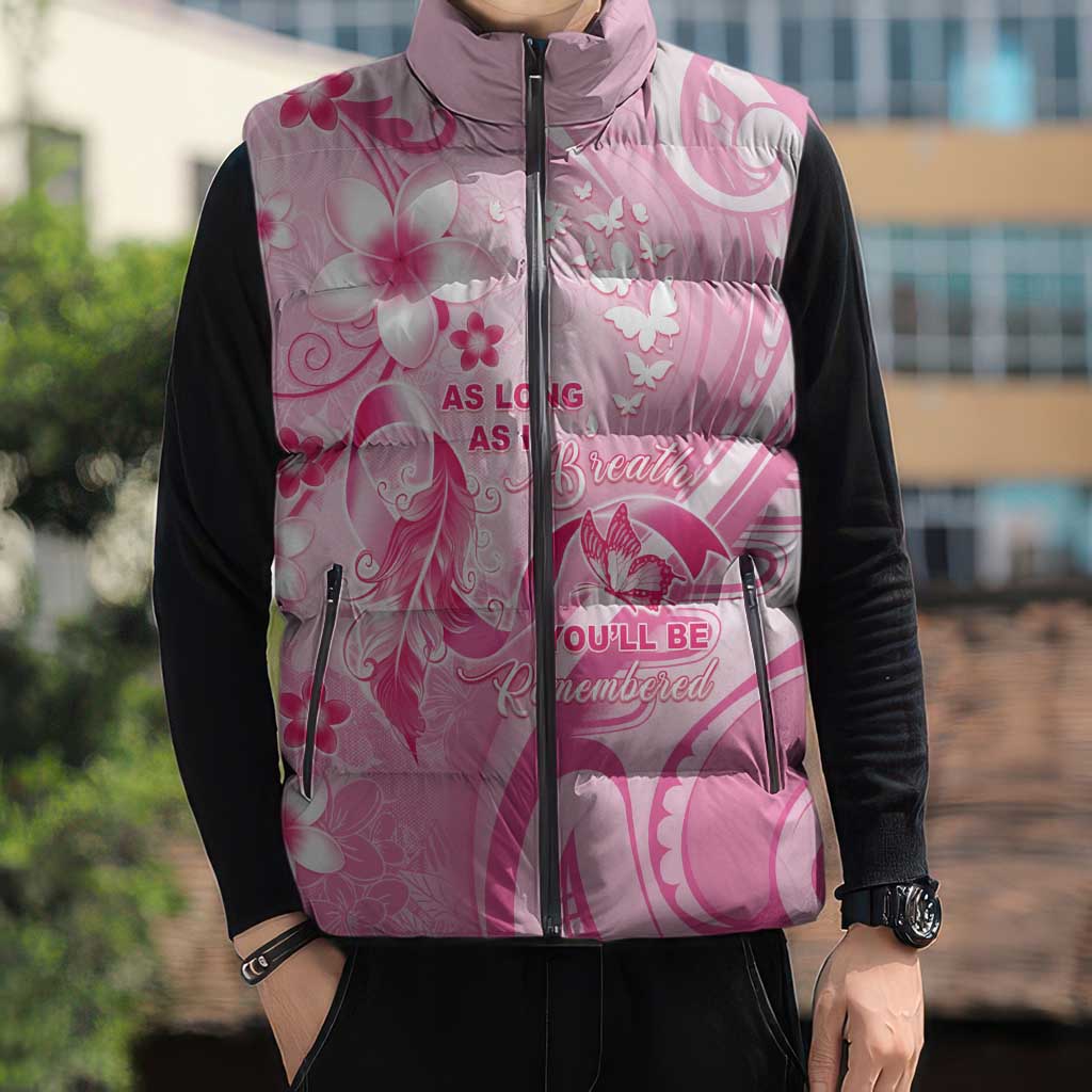 Personalised Memorial Pink Breast Cancer Awareness Sleeveless Puffer Jacket Plumeria Floral Tribal Pattern LT05 - Polynesian Pride