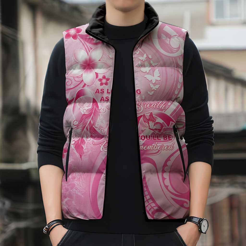 Personalised Memorial Pink Breast Cancer Awareness Sleeveless Puffer Jacket Plumeria Floral Tribal Pattern LT05 - Polynesian Pride