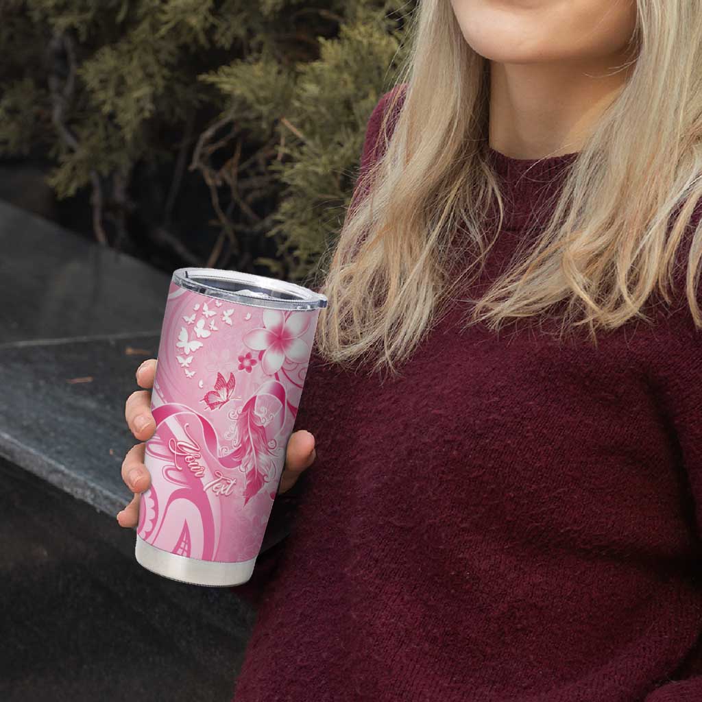 Personalised Memorial Pink Breast Cancer Awareness Tumbler Cup Plumeria Floral Tribal Pattern - Polynesian Pride