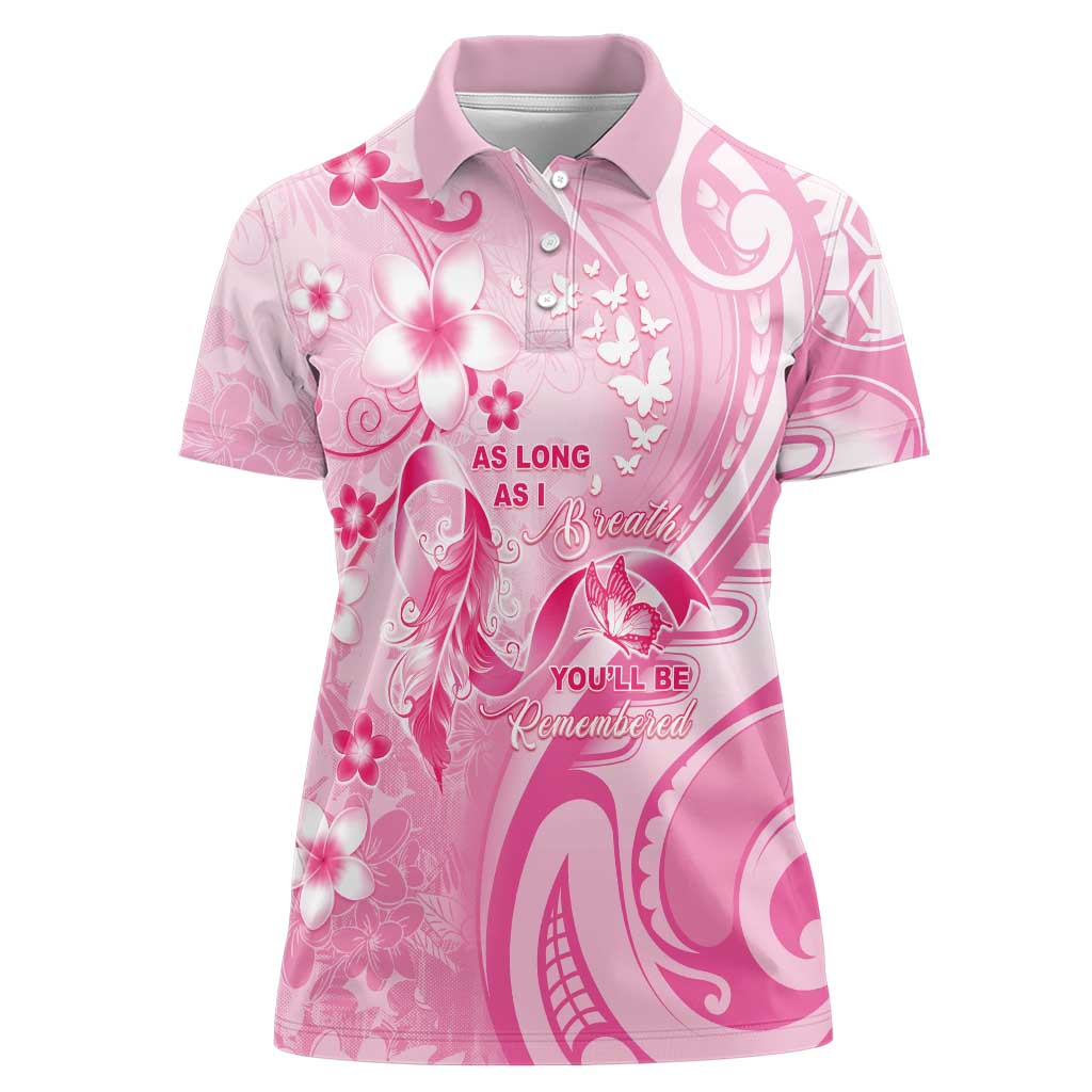 Personalised Memorial Pink Breast Cancer Awareness Women Polo Shirt Plumeria Floral Tribal Pattern - Polynesian Pride