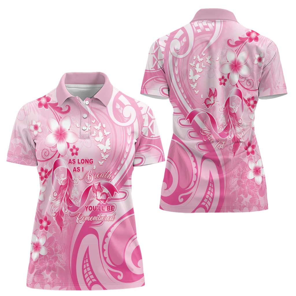 Personalised Memorial Pink Breast Cancer Awareness Women Polo Shirt Plumeria Floral Tribal Pattern - Polynesian Pride