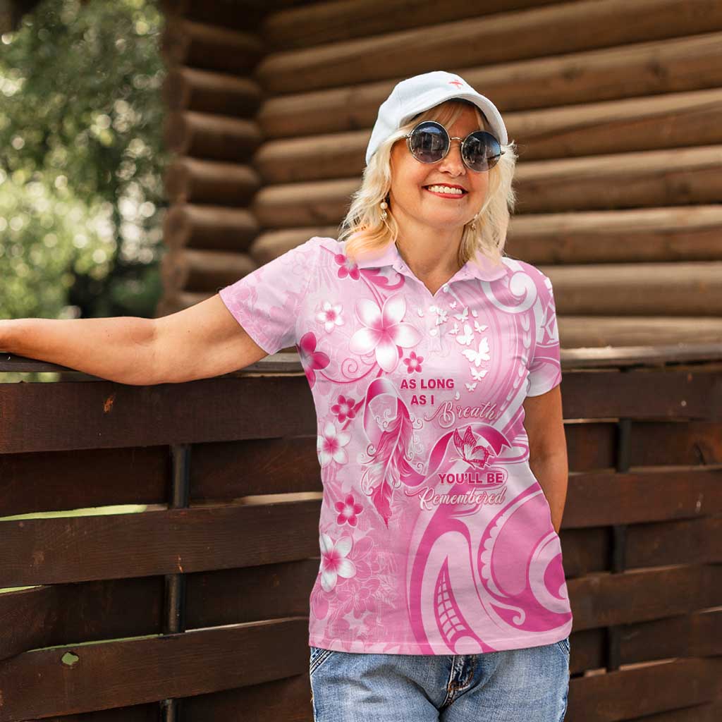 Personalised Memorial Pink Breast Cancer Awareness Women Polo Shirt Plumeria Floral Tribal Pattern - Polynesian Pride
