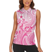 Personalised Memorial Pink Breast Cancer Awareness Women Sleeveless Polo Shirt Plumeria Floral Tribal Pattern - Polynesian Pride