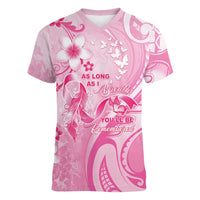 Personalised Memorial Pink Breast Cancer Awareness Women V-Neck T-Shirt Plumeria Floral Tribal Pattern - Polynesian Pride