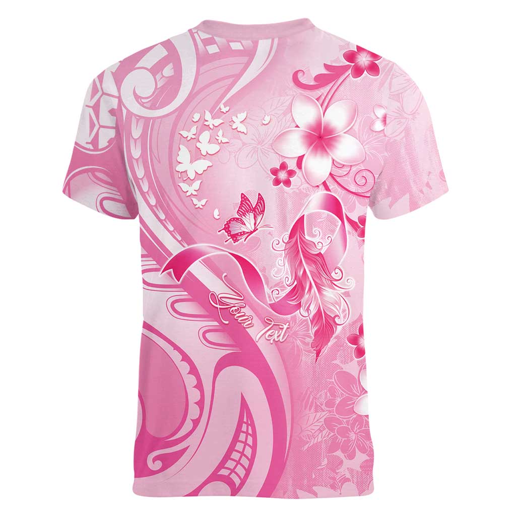 Personalised Memorial Pink Breast Cancer Awareness Women V-Neck T-Shirt Plumeria Floral Tribal Pattern - Polynesian Pride